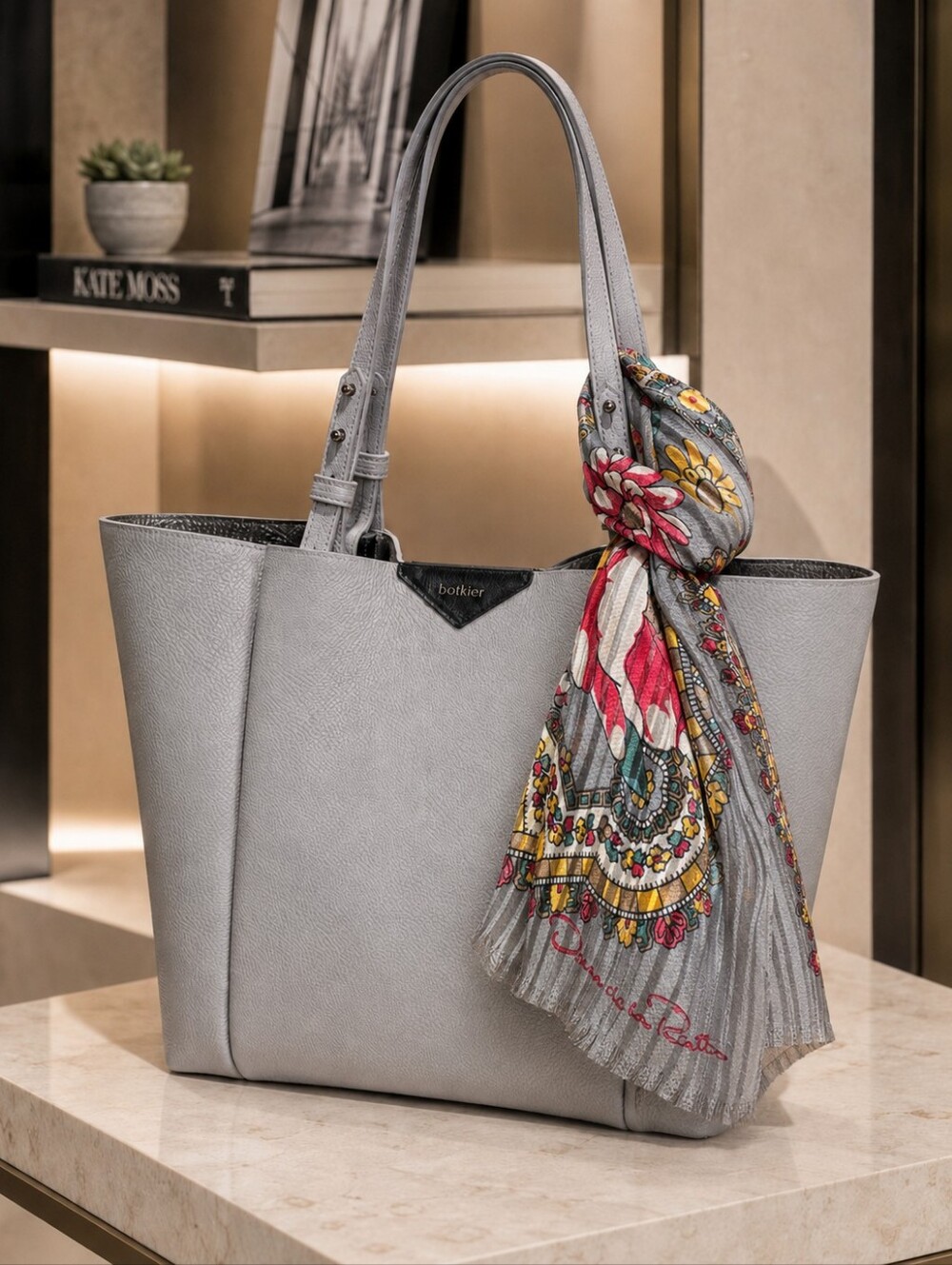 Botkier Large Gray Pebbled Leather Tote Bag 100% Leather Metallic Silver Inside